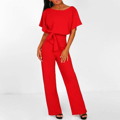 Dolman Sleeve Tie Waist Keyhole Back Wide Leg Jumpsuit