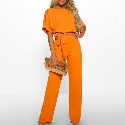 Dolman Sleeve Tie Waist Keyhole Back Wide Leg Jumpsuit