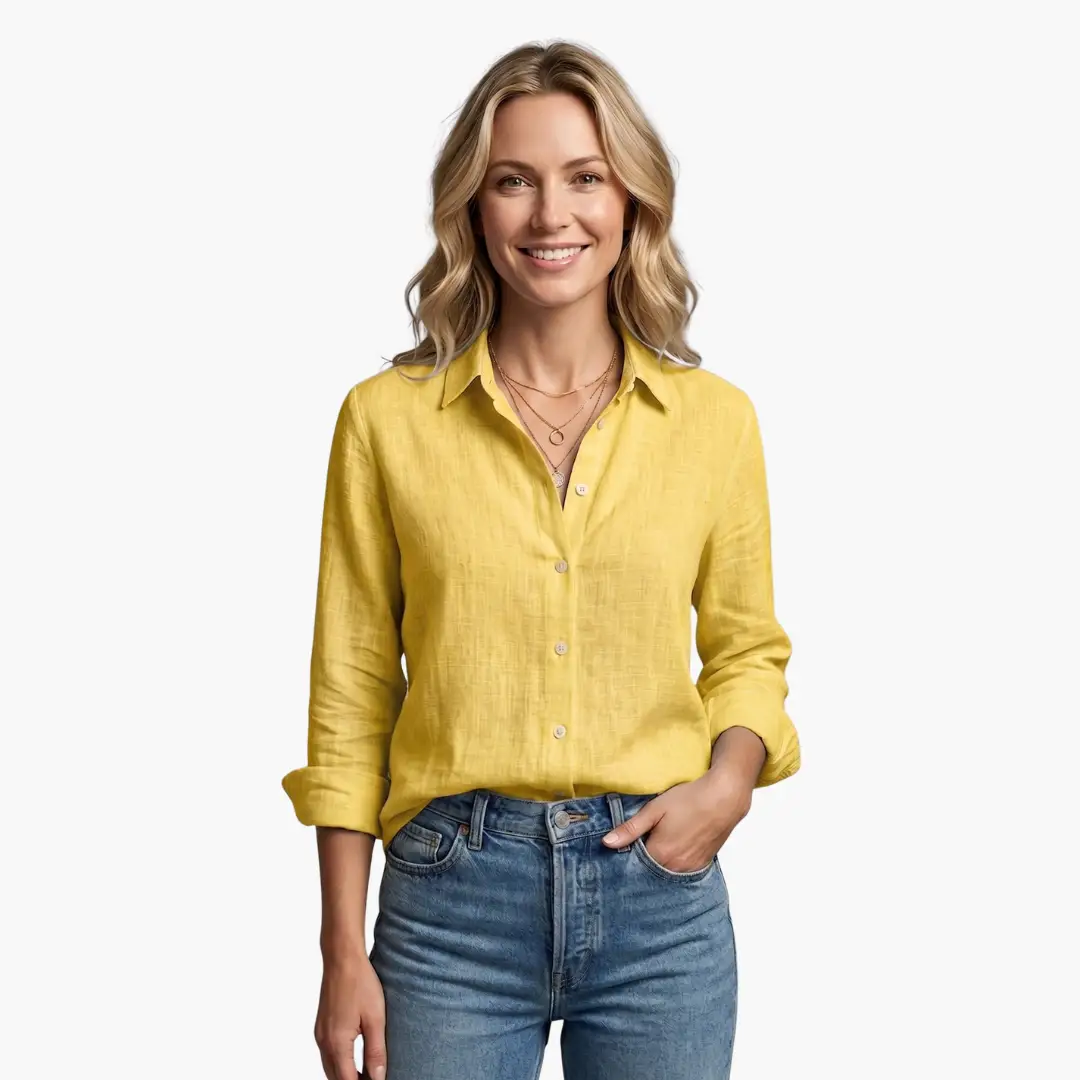 Collared Buttoned Long Sleeved Slubbed Straight Blouse