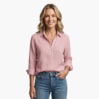Collared Buttoned Long Sleeved Slubbed Straight Blouse