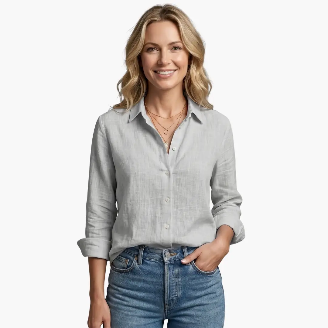 Collared Buttoned Long Sleeved Slubbed Straight Blouse