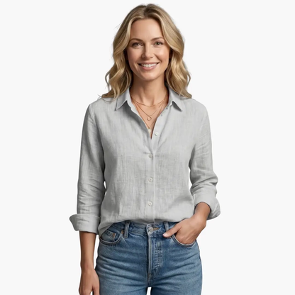 Collared Buttoned Long Sleeved Slubbed Straight Blouse