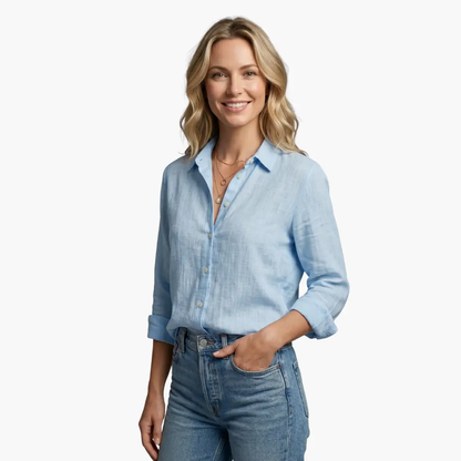 Collared Buttoned Long Sleeved Slubbed Straight Blouse