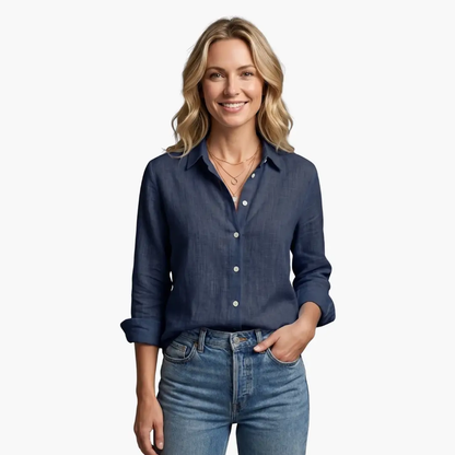 Collared Buttoned Long Sleeved Slubbed Straight Blouse