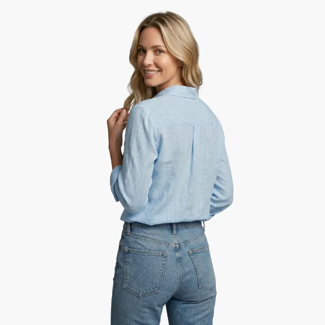 Collared Buttoned Long Sleeved Slubbed Straight Blouse