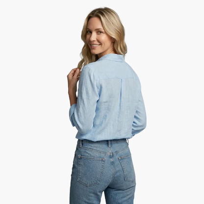 Collared Buttoned Long Sleeved Slubbed Straight Blouse