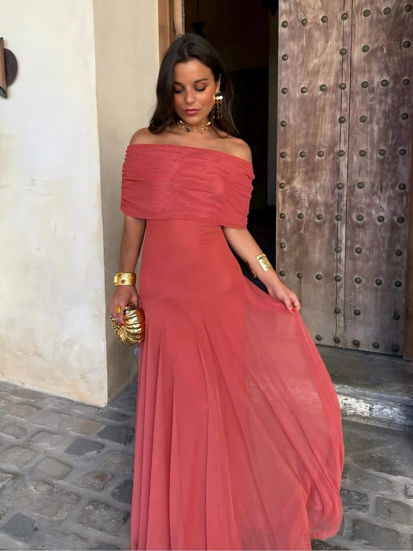 Off Shoulder Ruched Foldover Maxi Dress