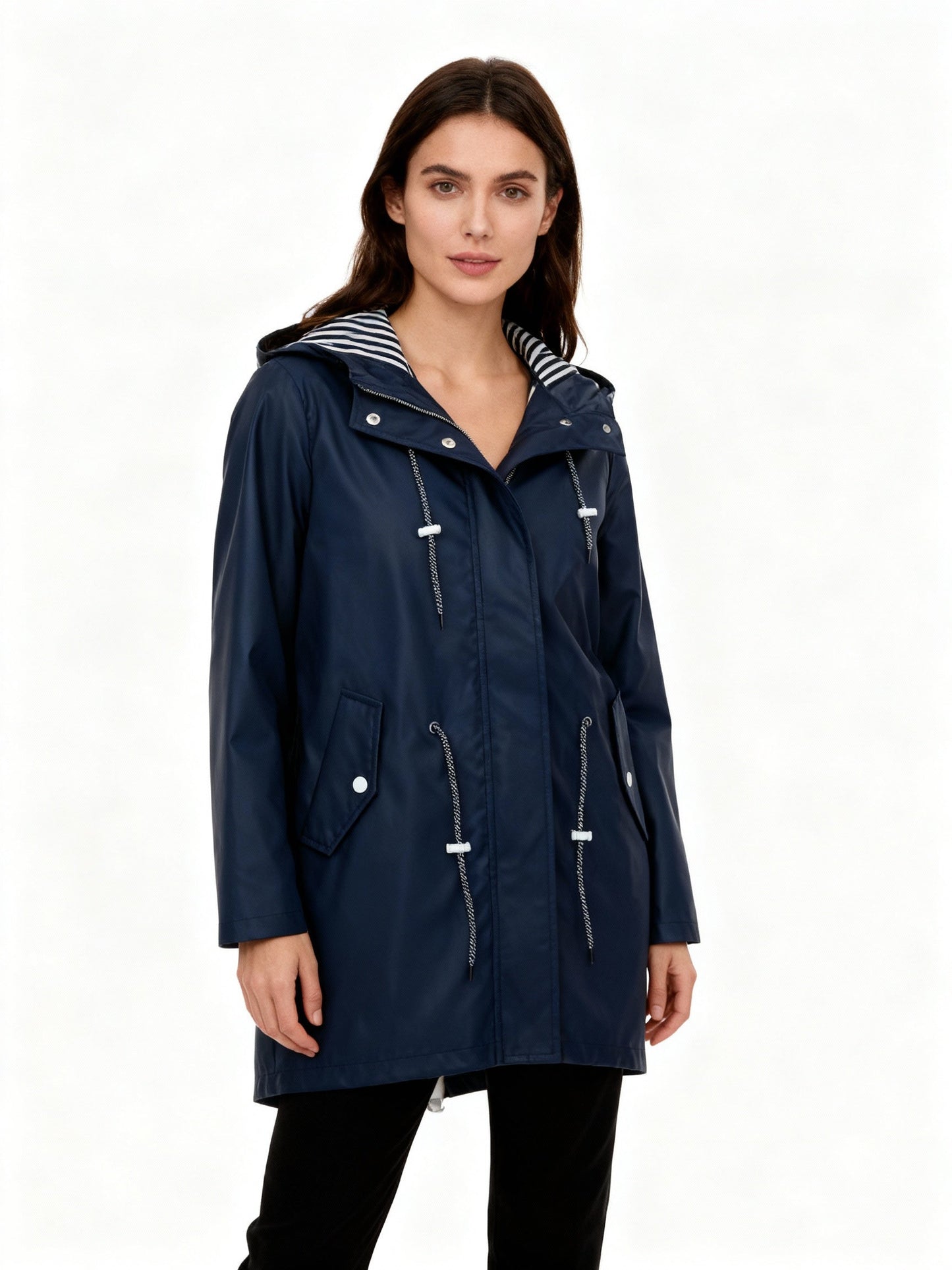 Hooded Drawstring Waist Mid-Length Raincoat For Women