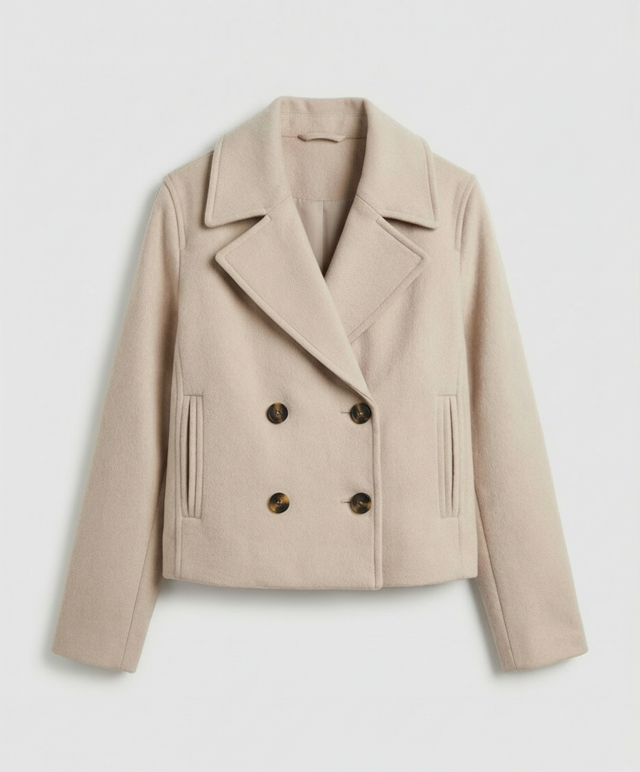 Notched Collar Double-Breasted Cropped Peacoat For Women
