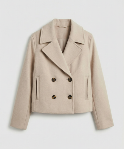 Notched Collar Double-Breasted Cropped Peacoat For Women