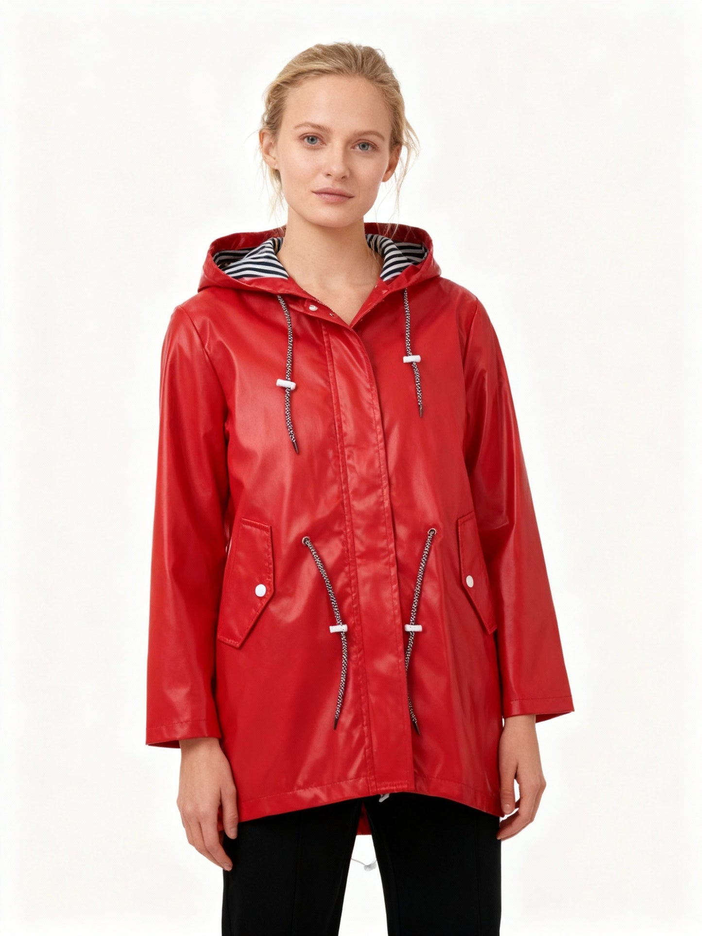 Hooded Drawstring Waist Mid-Length Raincoat For Women