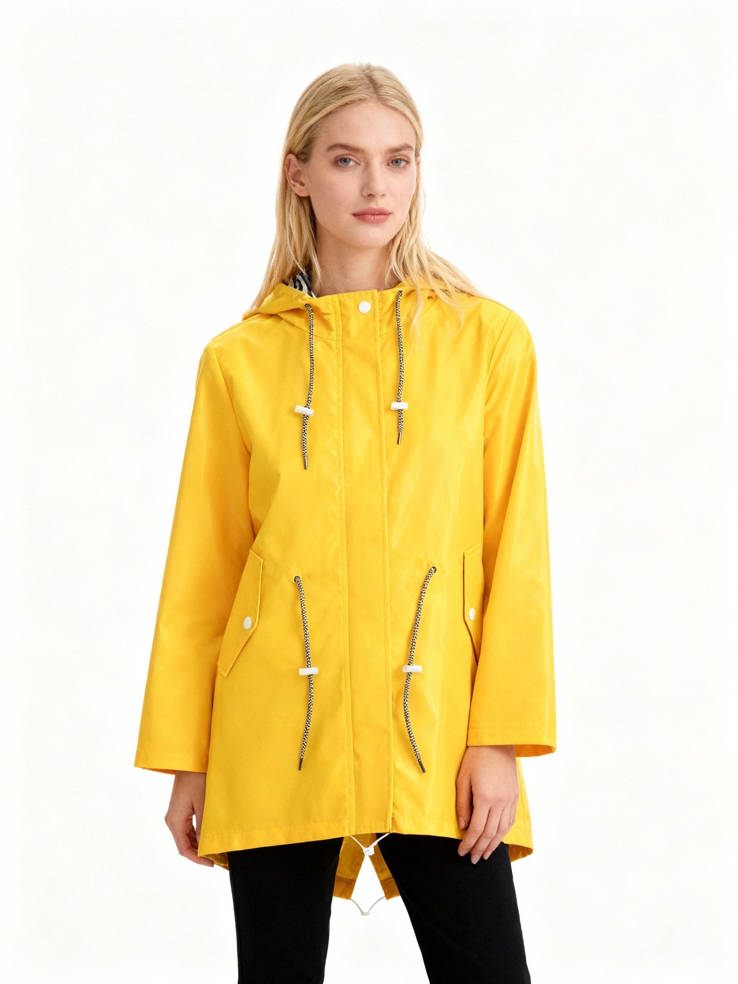 Hooded Drawstring Waist Mid-Length Raincoat For Women