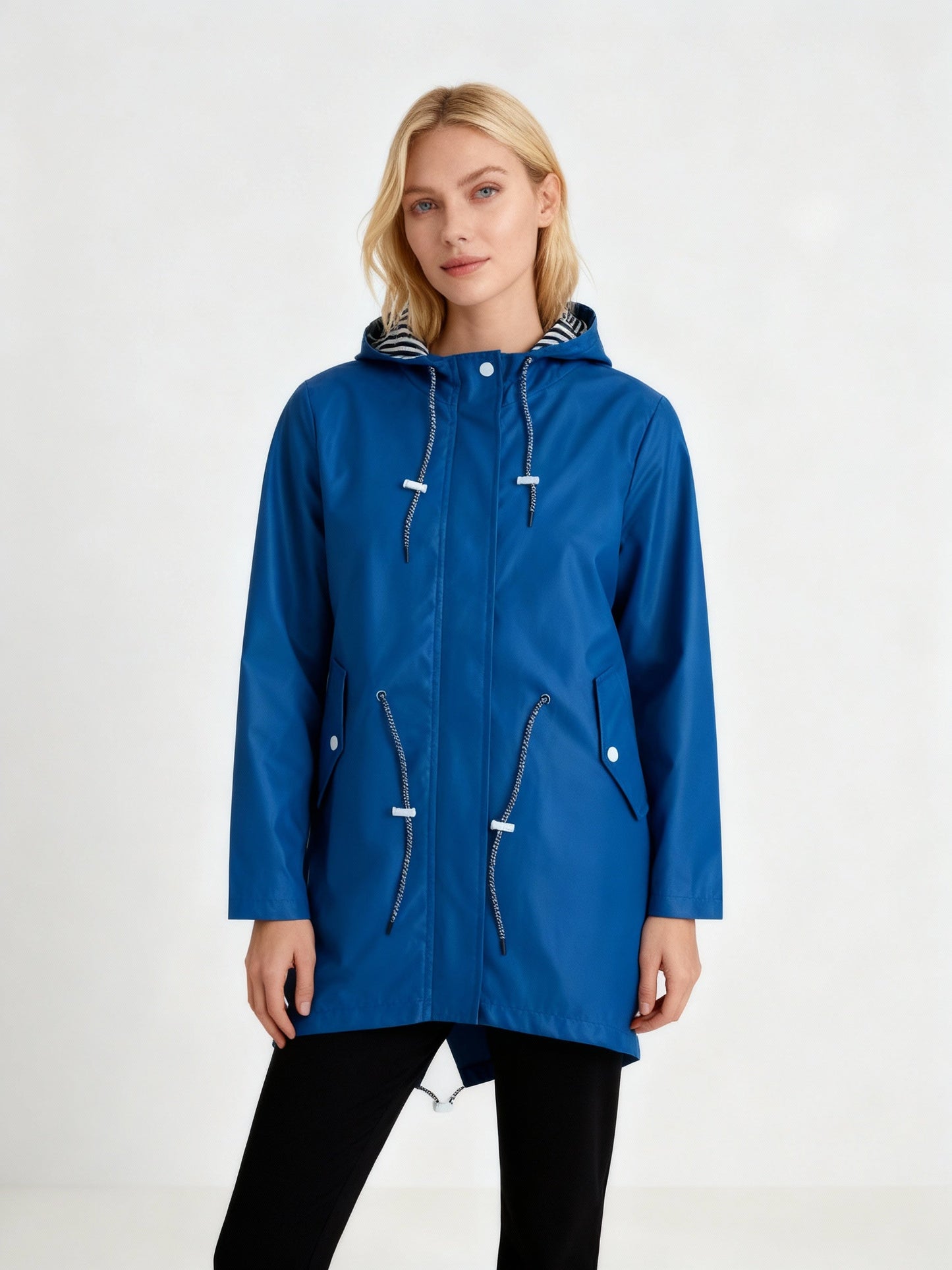 Hooded Drawstring Waist Mid-Length Raincoat For Women