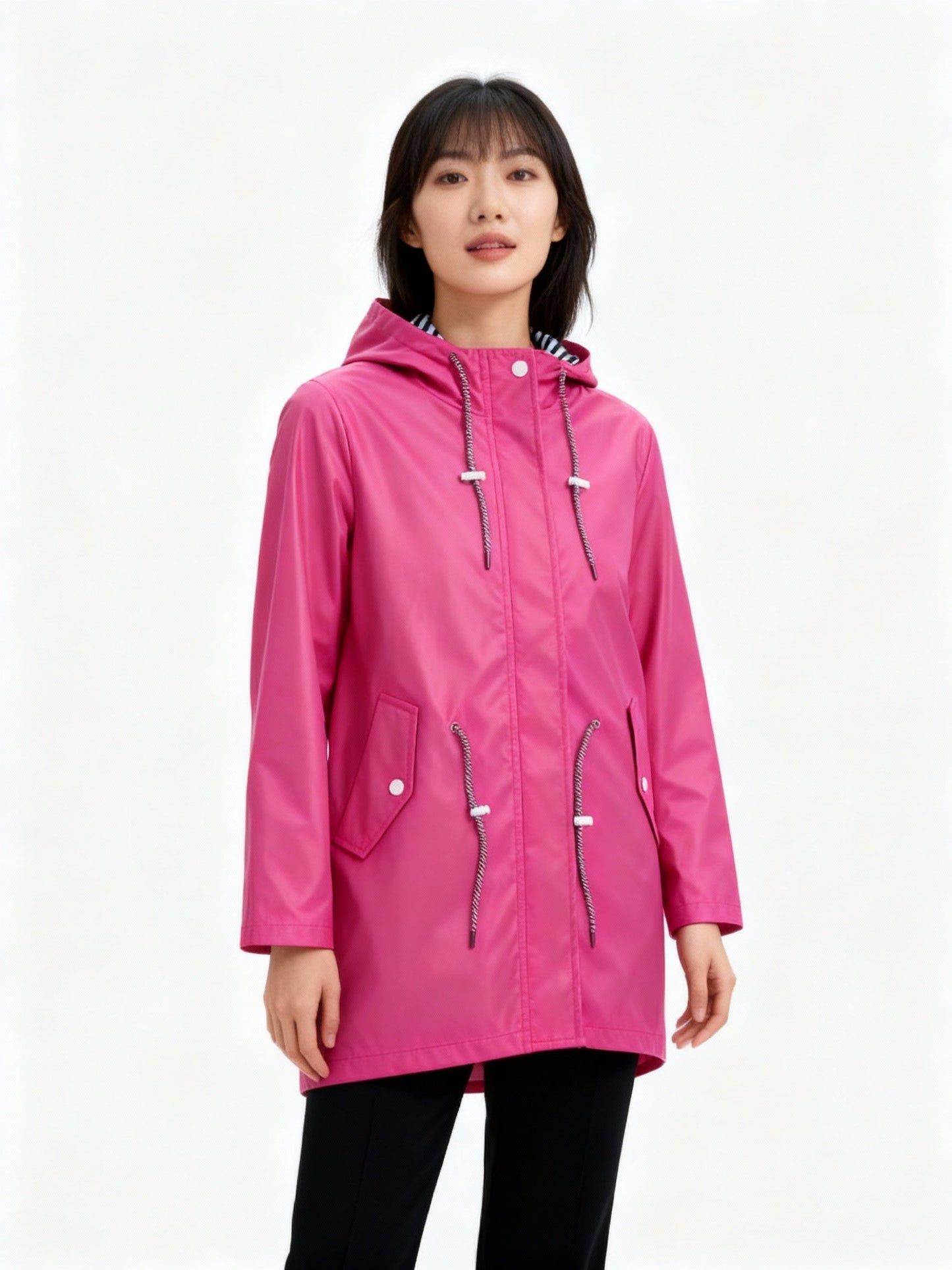 Hooded Drawstring Waist Mid-Length Raincoat For Women