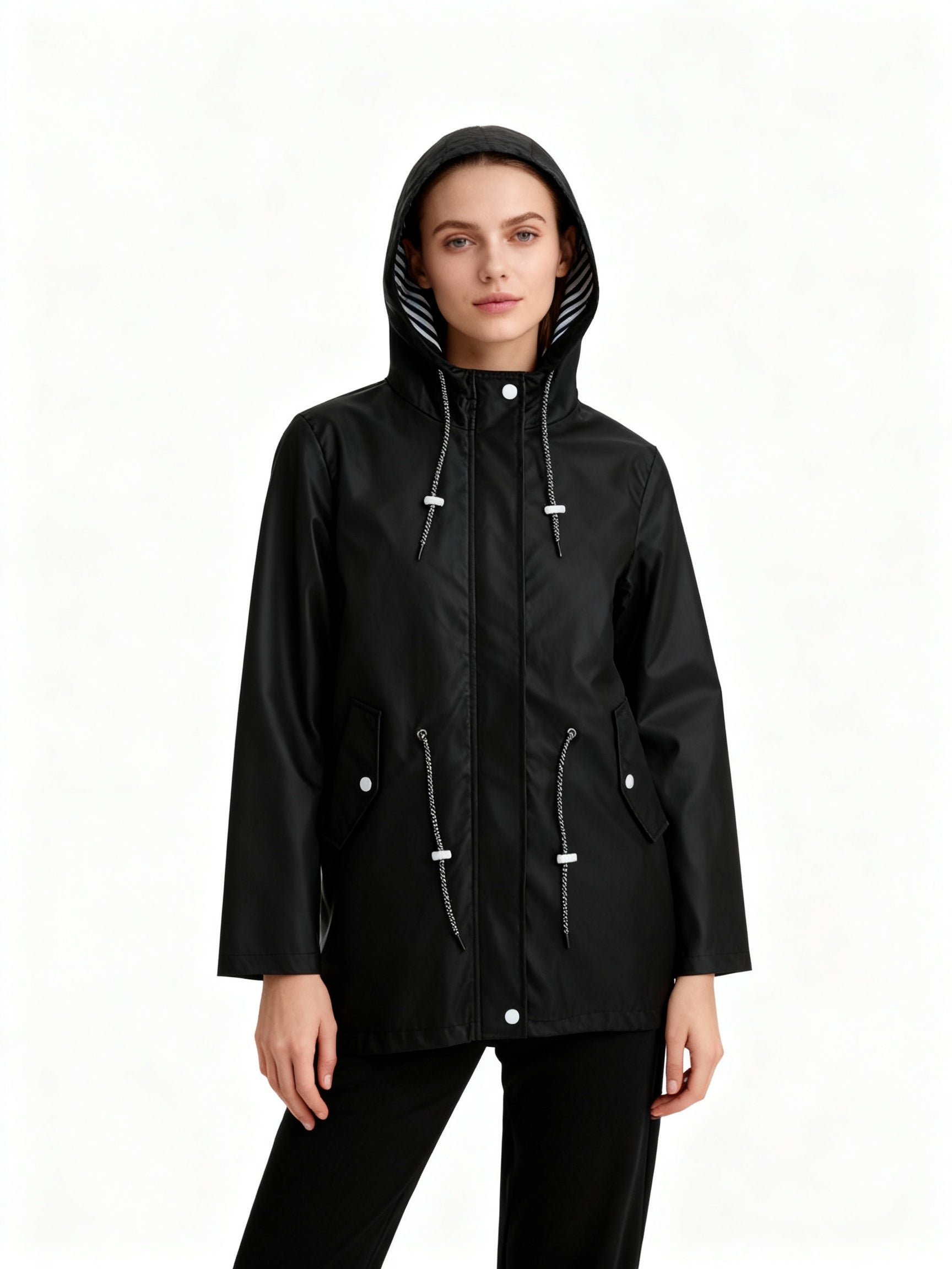 Hooded Drawstring Waist Mid-Length Raincoat For Women