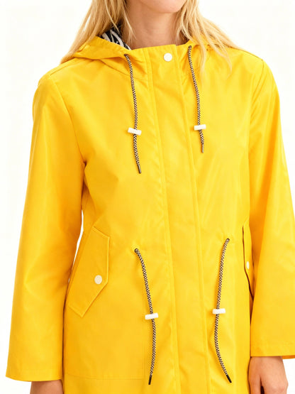 Hooded Drawstring Waist Mid-Length Raincoat For Women