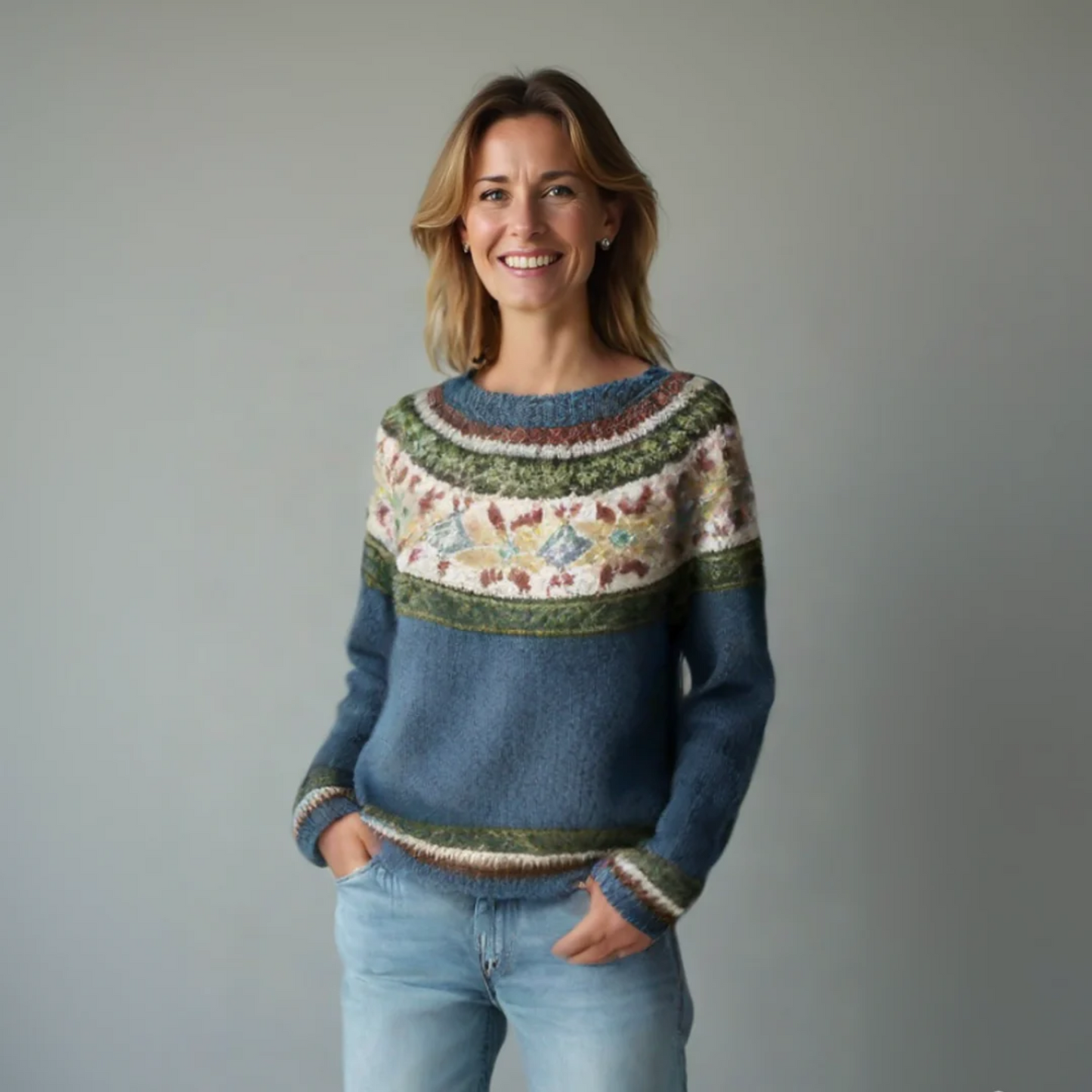 Crew Neck Long Sleeve Striped Yoke Knit Sweater For Women