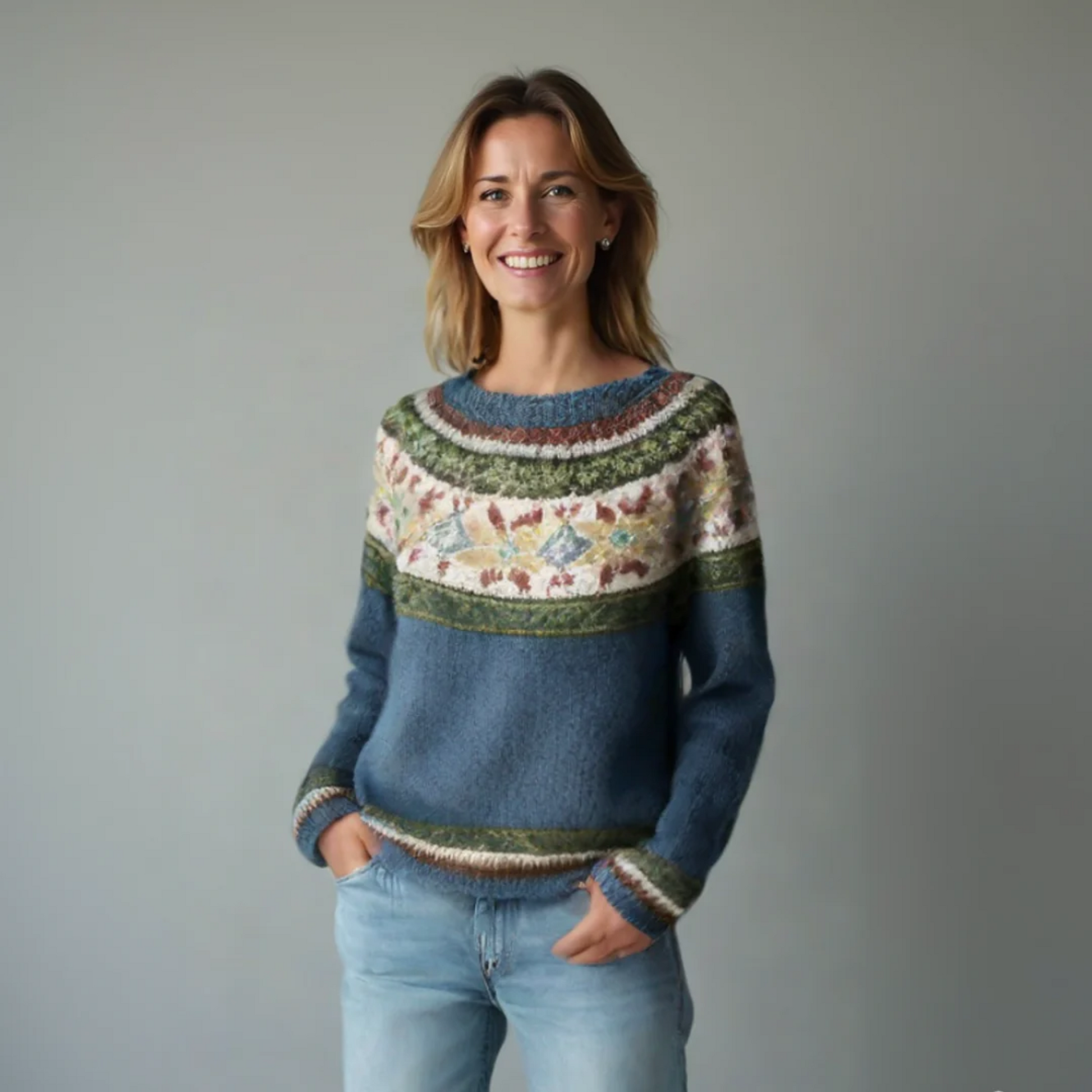 Crew Neck Long Sleeve Striped Yoke Knit Sweater For Women