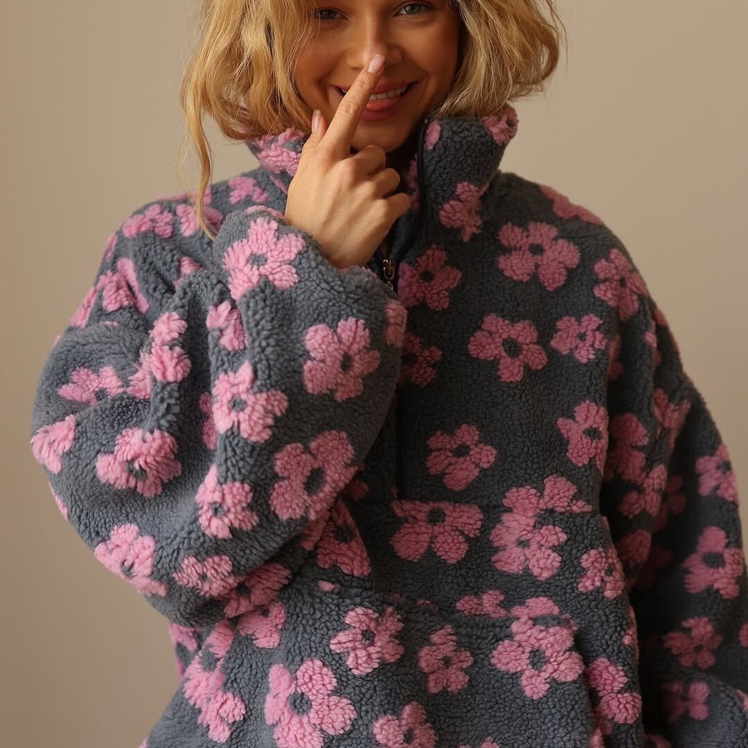 Half Zip Oversized Floral Sweater Jacket
