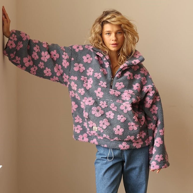 Half Zip Oversized Floral Sweater Jacket