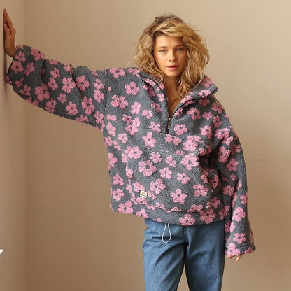Half Zip Oversized Floral Sweater Jacket