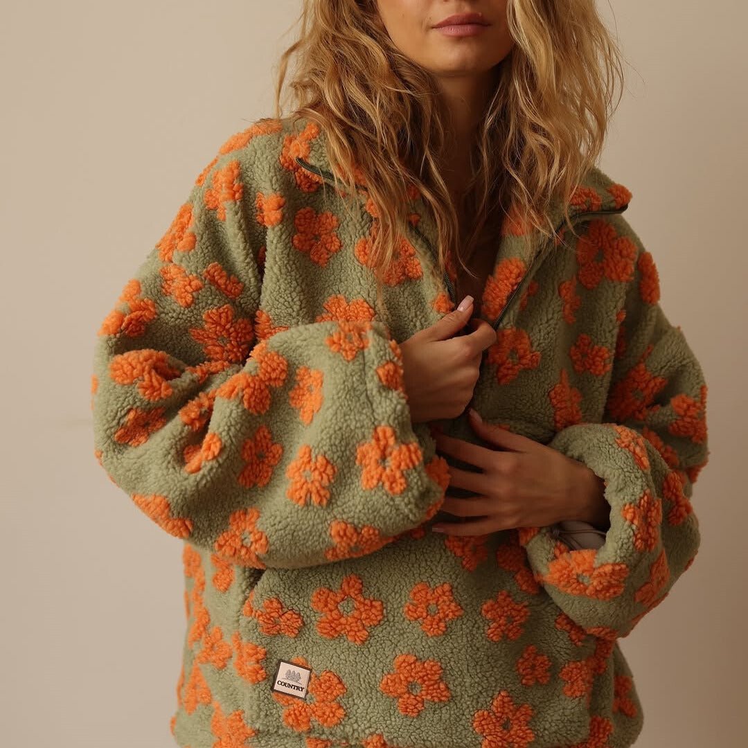 Half Zip Oversized Floral Sweater Jacket
