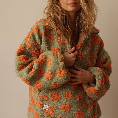 Half Zip Oversized Floral Sweater Jacket
