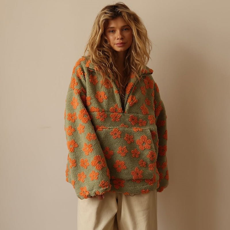 Half Zip Oversized Floral Sweater Jacket