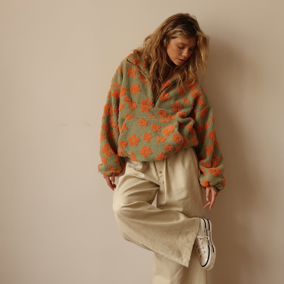 Half Zip Oversized Floral Sweater Jacket