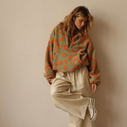 Half Zip Oversized Floral Sweater Jacket