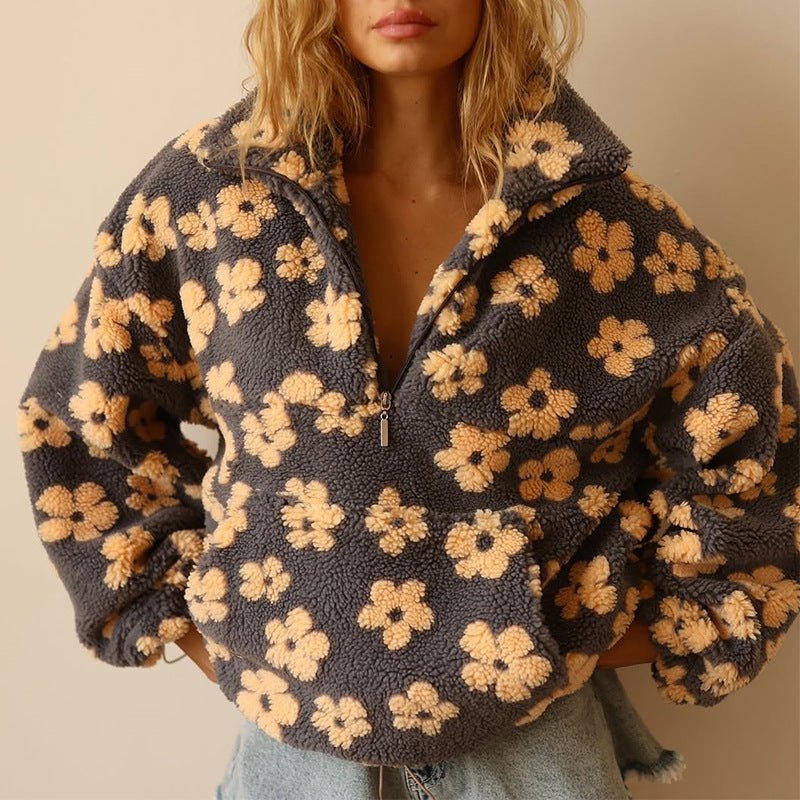 Half Zip Oversized Floral Sweater Jacket