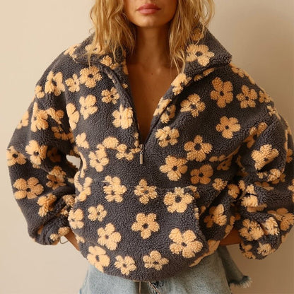 Half Zip Oversized Floral Sweater Jacket