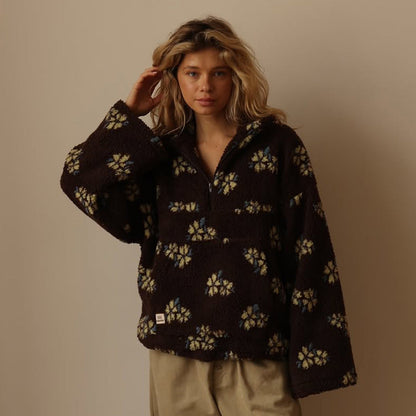 Half Zip Oversized Floral Sweater Jacket