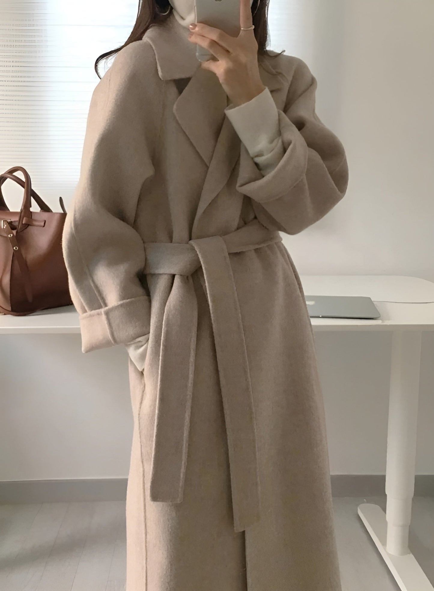 Notched Collar Belted Long Coat For Women