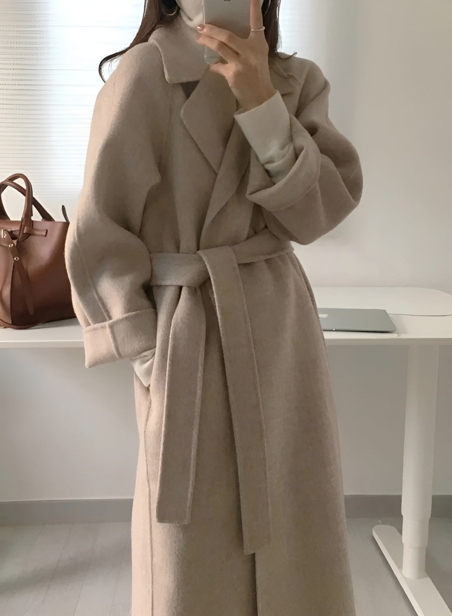 Notched Collar Belted Long Coat For Women
