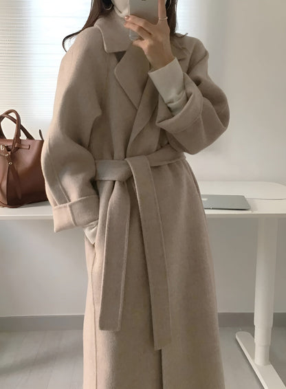 Notched Collar Belted Long Coat For Women