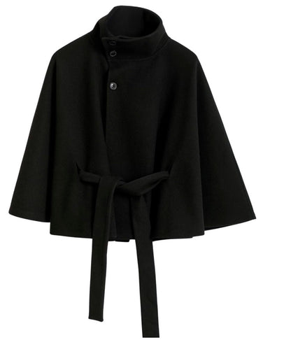 Belted High Collar Cape Sleeve Coat For Women