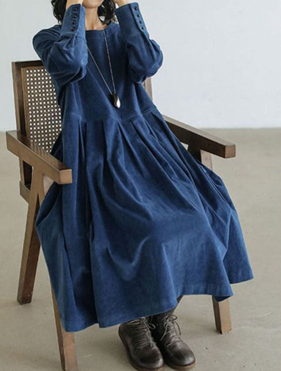 Pleated Loose Crew Neck Long Sleeve Midi Dress