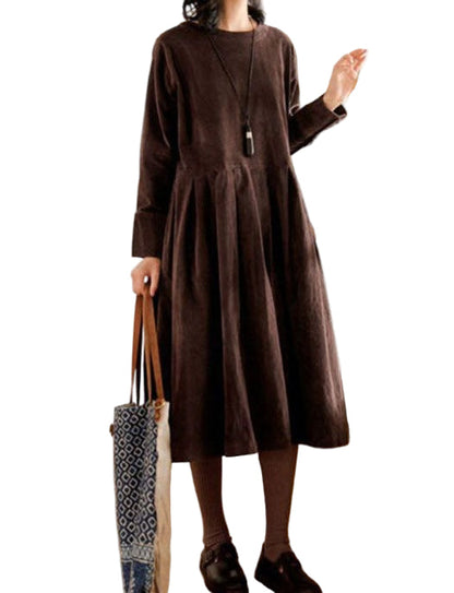Pleated Loose Crew Neck Long Sleeve Midi Dress