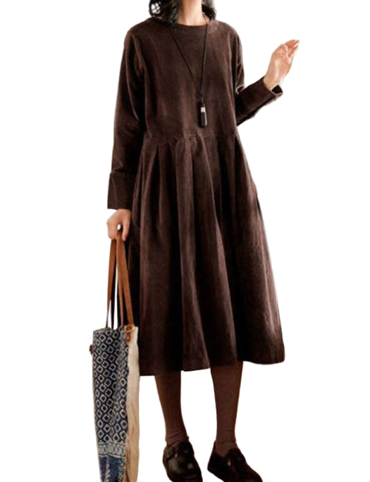 Pleated Loose Crew Neck Long Sleeve Midi Dress