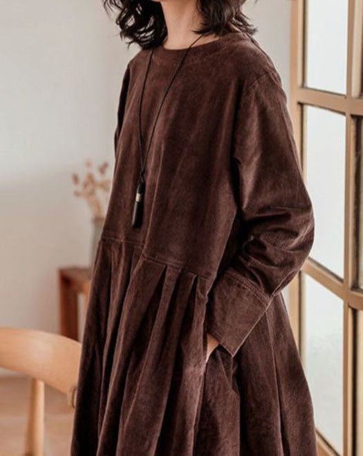 Pleated Loose Crew Neck Long Sleeve Midi Dress