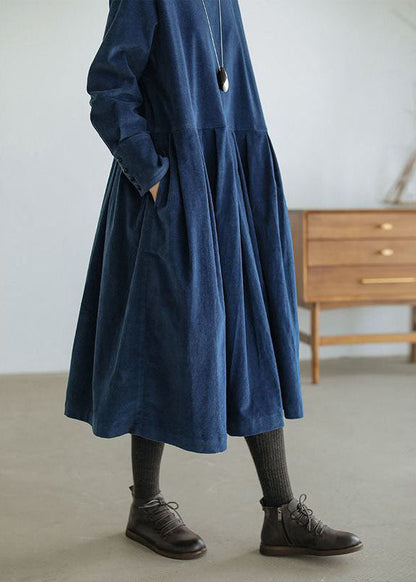 Pleated Loose Crew Neck Long Sleeve Midi Dress