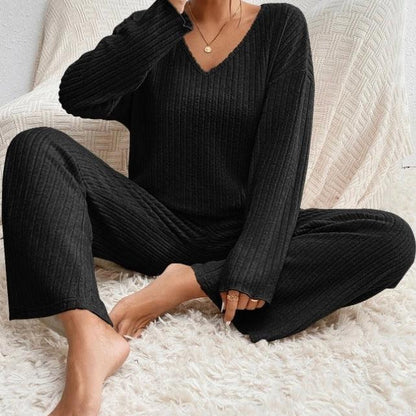 V-Neck Long Sleeve Loungewear Set with Wide Leg Pants