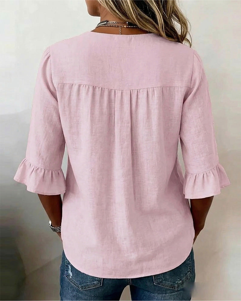 V Neck Button Detail Ruffle Sleeve Top