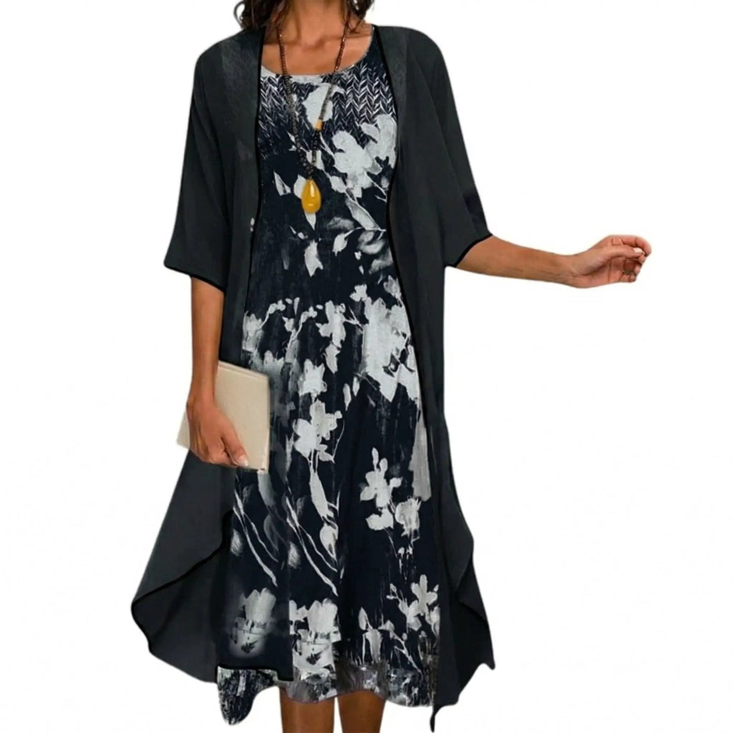 Printed Boat Neck Layered Drape Midi Set