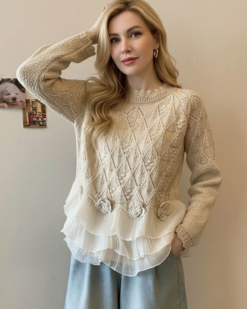 Crew Neck Long Sleeve Cable Knit Cardigan Sweater with Ruffle Hem