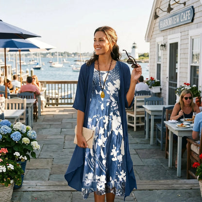 Printed Boat Neck Layered Drape Midi Set