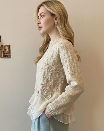 Crew Neck Long Sleeve Cable Knit Cardigan Sweater with Ruffle Hem