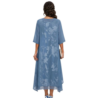 Printed Boat Neck Layered Drape Midi Set