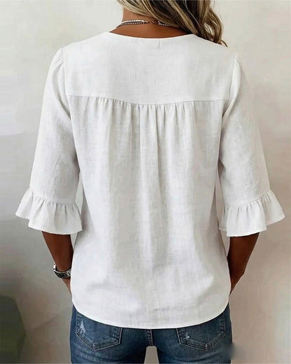 V Neck Button Detail Ruffle Sleeve Top